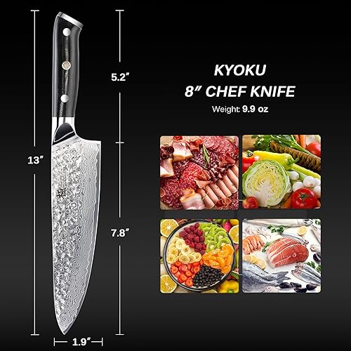 KYOKU 8" Shogun Series Japanese Chef Knife - VG10 Steel Core Damascus Blade - Sheath & Case