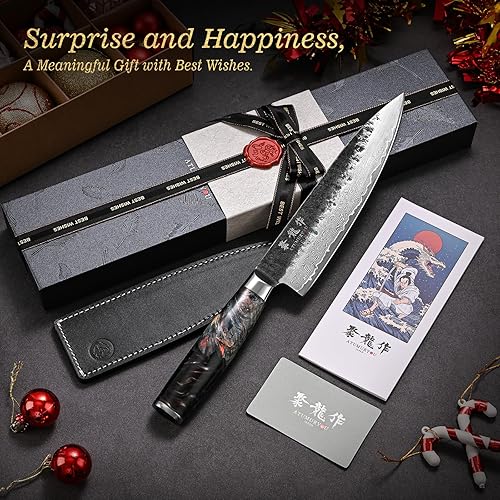 Damascus Chef Knife with VG10 Steel Core - Professional Kitchen Knife with Ergonomic Handle, Leather Sheath, Gift Box