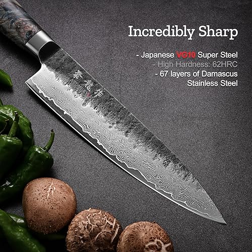 Damascus Chef Knife with VG10 Steel Core - Professional Kitchen Knife with Ergonomic Handle, Leather Sheath, Gift Box