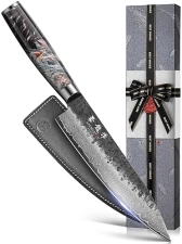 Damascus Chef Knife with VG10 Steel Core - Professional Kitchen Knife with Ergonomic Handle, Leather Sheath, Gift Box