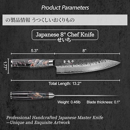 Damascus Chef Knife with VG10 Steel Core - Professional Kitchen Knife with Ergonomic Handle, Leather Sheath, Gift Box
