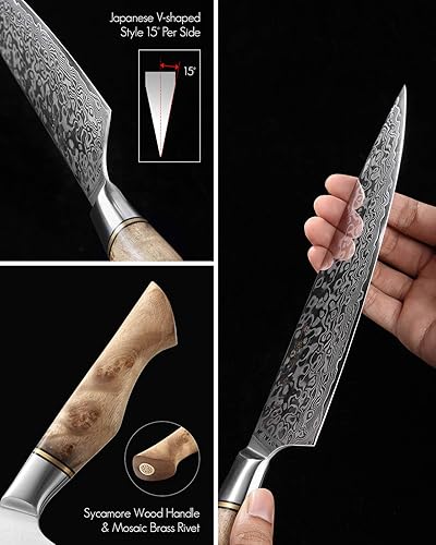 Hezhen Damascus Steel Chef's Knife with Figured Sycamore Handle - Professional Kitchen Tool