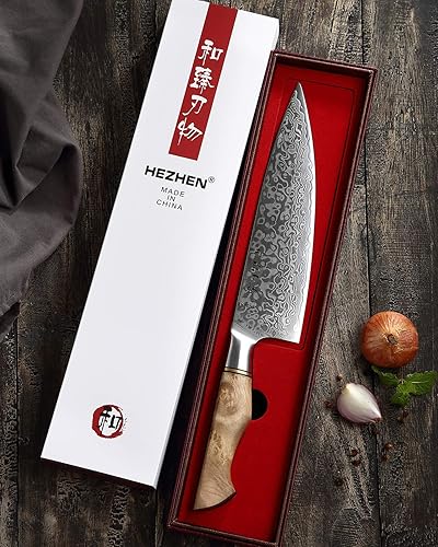 Hezhen Damascus Steel Chef's Knife with Figured Sycamore Handle - Professional Kitchen Tool