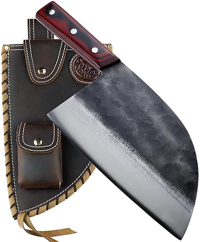 Handforged Serbian Cleaver Chef Knife with Carbon Steel Butcher Sheath