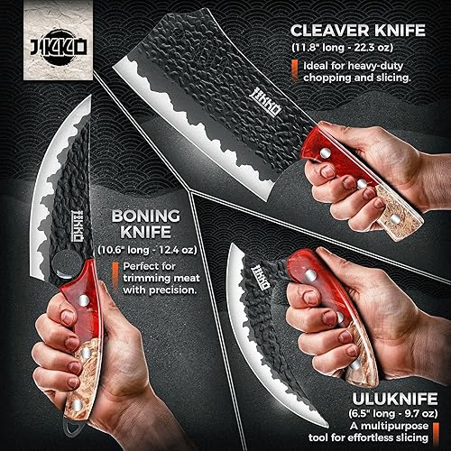 Jikko Phoenix Edition 3-Piece Japanese Chef Knife Set with Hammered Blades & Maple Burl Handles