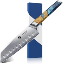 FINTISO S35VN Santoku Knife 7 inch - 7-Layer Clad Chef Knife for Meats & Vegetables, Super Sharp, Celestial Resin/Wood Handle - Best Gift