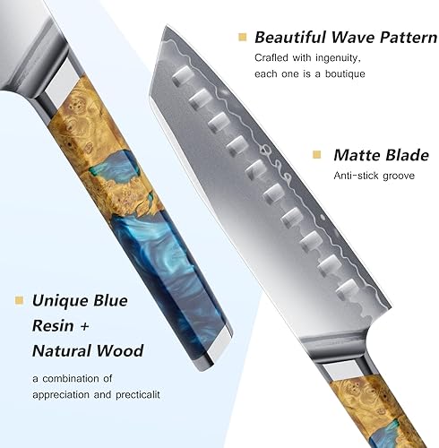 FINTISO S35VN Santoku Knife 7 inch - 7-Layer Clad Chef Knife for Meats & Vegetables, Super Sharp, Celestial Resin/Wood Handle - Best Gift
