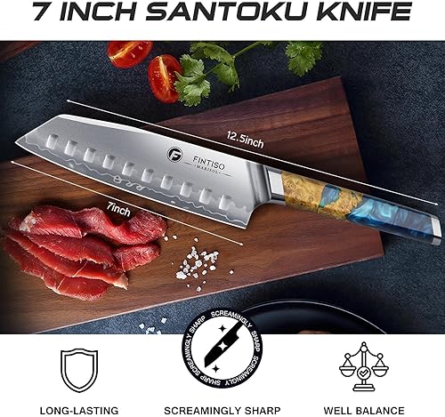 FINTISO S35VN Santoku Knife 7 inch - 7-Layer Clad Chef Knife for Meats & Vegetables, Super Sharp, Celestial Resin/Wood Handle - Best Gift