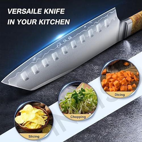 FINTISO S35VN Santoku Knife 7 inch - 7-Layer Clad Chef Knife for Meats & Vegetables, Super Sharp, Celestial Resin/Wood Handle - Best Gift