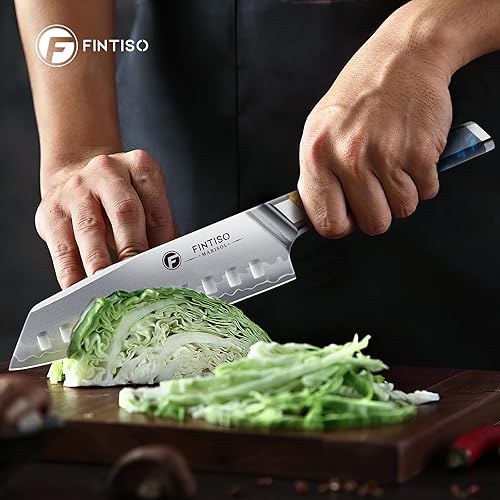 FINTISO S35VN Santoku Knife 7 inch - 7-Layer Clad Chef Knife for Meats & Vegetables, Super Sharp, Celestial Resin/Wood Handle - Best Gift