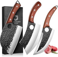 Dragon Riot High Carbon Steel Butcher Knife Set for Meat Processing, 3Pcs Serbian Cleaver Chef Set - Ergonomic Handles