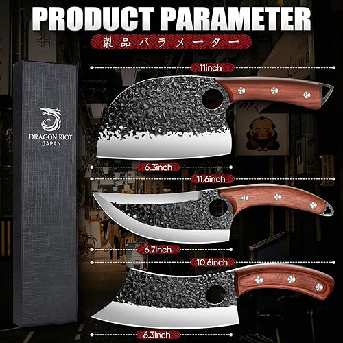 Dragon Riot High Carbon Steel Butcher Knife Set for Meat Processing, 3Pcs Serbian Cleaver Chef Set - Ergonomic Handles