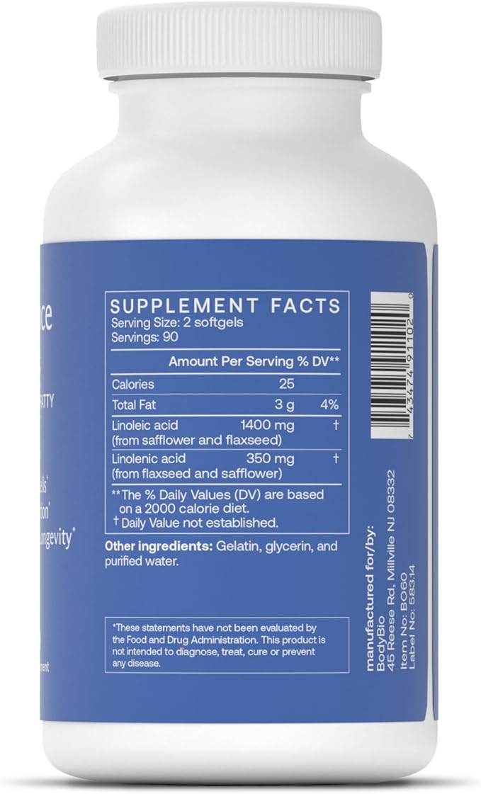 BodyBio Omega Oils 3 & 6 - Essential Fatty Acids for Brain and Heart Health - 180 Jel