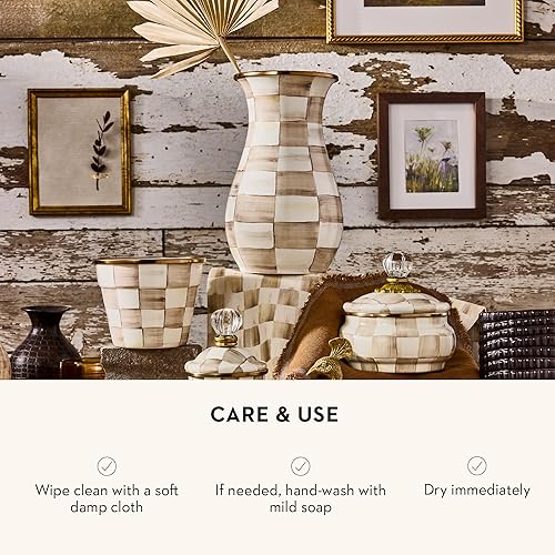 MACKENZIE-CHILDS Enamel Tall Vase, Brown-and-White Mocha Check Design, Home Decor