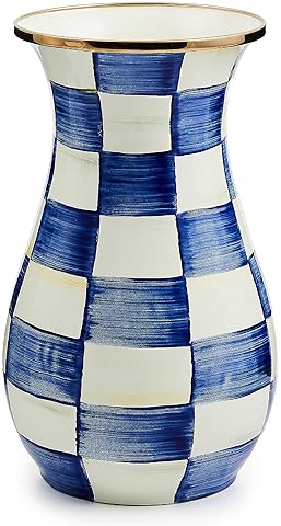 MACKENZIE-CHILDS Tall Enamel Vase, Blue-and-White Royal Check, Unique Flower Vase