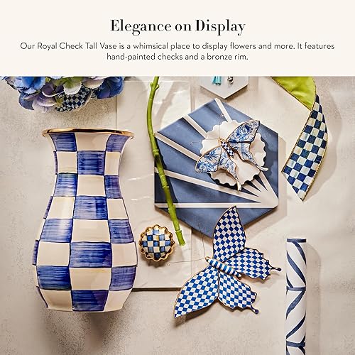 MACKENZIE-CHILDS Tall Enamel Vase, Blue-and-White Royal Check, Unique Flower Vase