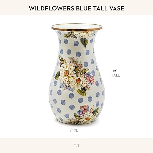 MACKENZIE-CHILDS Tall Enamel Flower Vase, Blue Wildflowers Decor