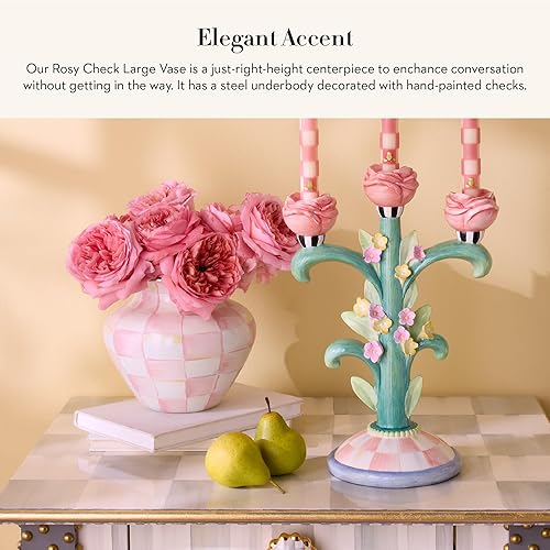 MACKENZIE-CHILDS Enamel Large Vase, Pink-and-White Rosy Check, Unique Flower Decor