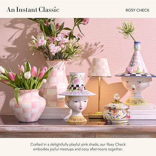 MACKENZIE-CHILDS Enamel Large Vase, Pink-and-White Rosy Check, Unique Flower Decor
