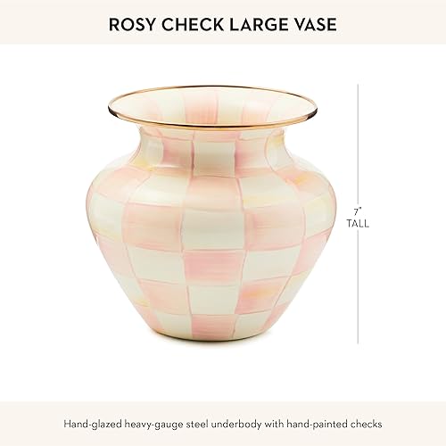 MACKENZIE-CHILDS Enamel Large Vase, Pink-and-White Rosy Check, Unique Flower Decor