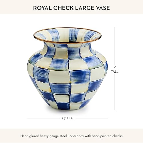 MACKENZIE-CHILDS Large Enamel Vase - Blue-and-White Royal Check, Unique Living Room Flower Decor
