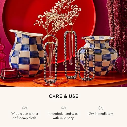 MACKENZIE-CHILDS Large Enamel Vase - Blue-and-White Royal Check, Unique Living Room Flower Decor