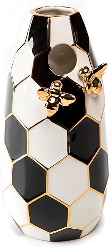 MACKENZIE-CHILDS Ceramic Queen Bee Flower Vase, Black-and-White Decor for Living Room or Bedroom