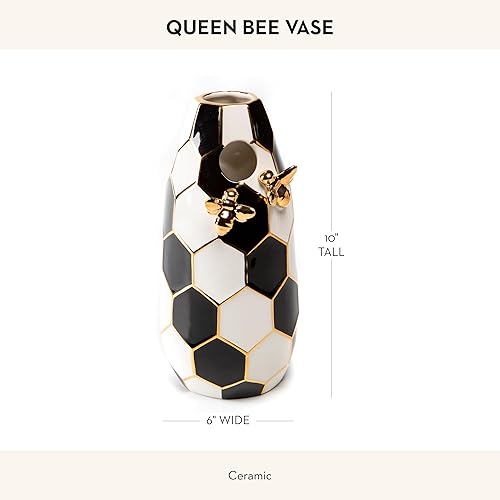 MACKENZIE-CHILDS Ceramic Queen Bee Flower Vase, Black-and-White Decor for Living Room or Bedroom