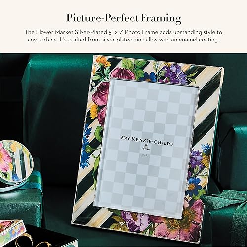 MACKENZIE-CHILDS Silver-Plated 5x7 Family Picture Frame with Courtly Stripe Flower Market Design