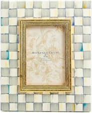 MACKENZIE-CHILDS Enamel 5x7 Cute Family Picture Frame, Gray & White Check Design
