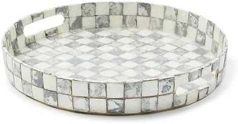MACKENZIE-CHILDS Capiz Round Tray in Gray-and-White Sterling Check - Ideal Serving Platter Handcrafted