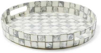 MACKENZIE-CHILDS Capiz Round Tray in Gray-and-White Sterling Check - Ideal Serving Platter Handcrafted