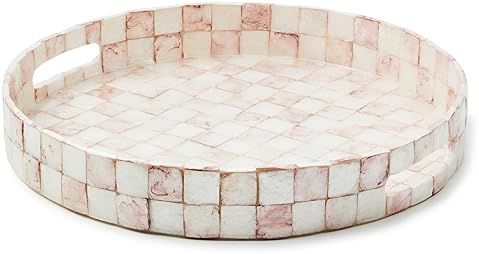 MACKENZIE-CHILDS Pink Capiz Round Tray, Stylish Serving Platter, Rosy Check Design