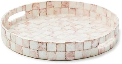 MACKENZIE-CHILDS Pink Capiz Round Tray, Stylish Serving Platter, Rosy Check Design