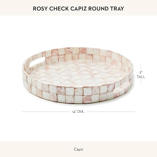 MACKENZIE-CHILDS Pink Capiz Round Tray, Stylish Serving Platter, Rosy Check Design