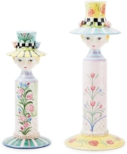 MACKENZIE-CHILDS Rosy Meadow Lady Ceramic Candle Holders Set - Candle Holder Decor