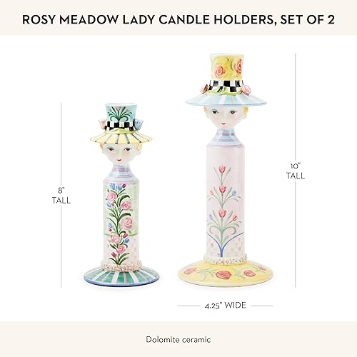 MACKENZIE-CHILDS Rosy Meadow Lady Ceramic Candle Holders Set - Candle Holder Decor