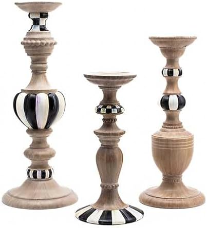 MACKENZIE-CHILDS Decorative Candle Holders Set, Black-and-White Courtly Check & Courtly Stripe, Pack of 3