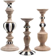 MACKENZIE-CHILDS Decorative Candle Holders Set, Black-and-White Courtly Check & Courtly Stripe, Pack of 3