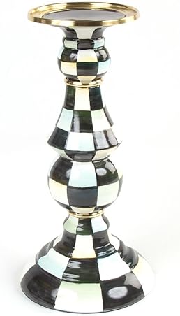 MacKenzie-Childs Courtly Check Enamel Pillar Candlestick - Black and White Candle Stand - Large