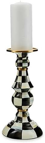 MacKenzie-Childs Courtly Check Enamel Pillar Candlestick - Black and White Candle Stand - Large