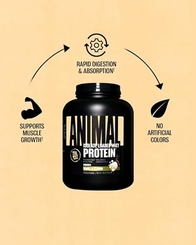 Universal Nutrition Vanilla Animal Whey Isolate Protein Powder - 25g Protein, Muscle Builder for Men & Women - Pre & Post Workout Recovery with Digestive Enzymes - Low Sugar - 4 lbs