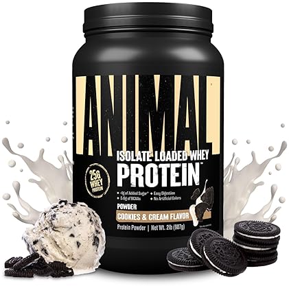 Universal Nutrition Cookies & Cream Animal Whey Isolate Protein Powder - 25g Protein, Low Sugar - Muscle Builder for Pre & Post Workout - Men & Women