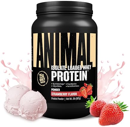 Universal Nutrition Strawberry Animal Whey Isolate Protein Powder - 25g Protein, Low Sugar - Pre & Post Workout Muscle Builder with Digestive Enzymes for Men & Women