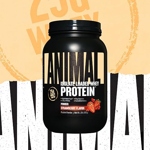 Universal Nutrition Strawberry Animal Whey Isolate Protein Powder - 25g Protein, Low Sugar - Pre & Post Workout Muscle Builder with Digestive Enzymes for Men & Women