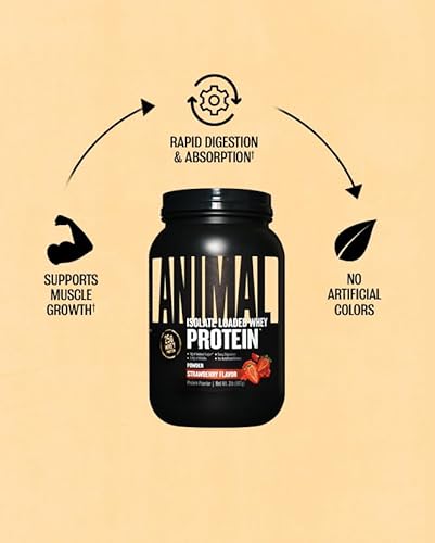 Universal Nutrition Strawberry Animal Whey Isolate Protein Powder - 25g Protein, Low Sugar - Pre & Post Workout Muscle Builder with Digestive Enzymes for Men & Women