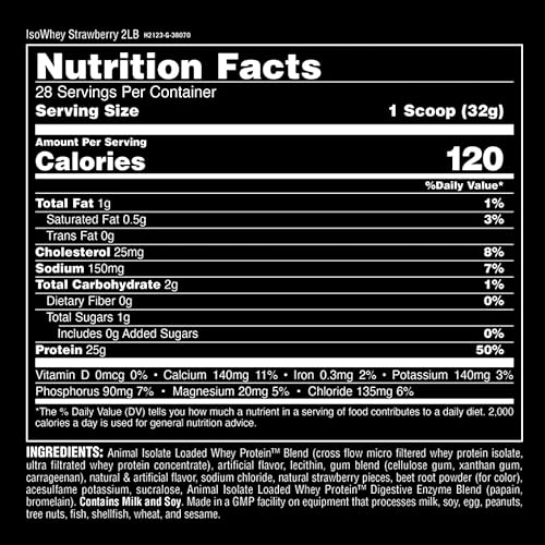 Universal Nutrition Strawberry Animal Whey Isolate Protein Powder - 25g Protein, Low Sugar - Pre & Post Workout Muscle Builder with Digestive Enzymes for Men & Women