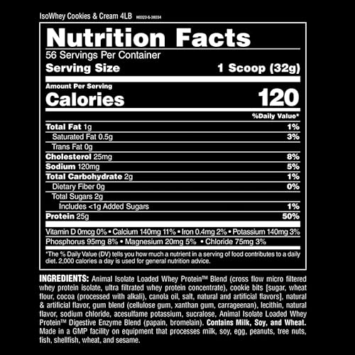 Universal Nutrition Cookies & Cream Animal Whey Isolate Protein Powder - 25g Protein - Pre & Post Workout Muscle Builder & Recovery with Digestive Enzymes - Men & Women - 4 lbs