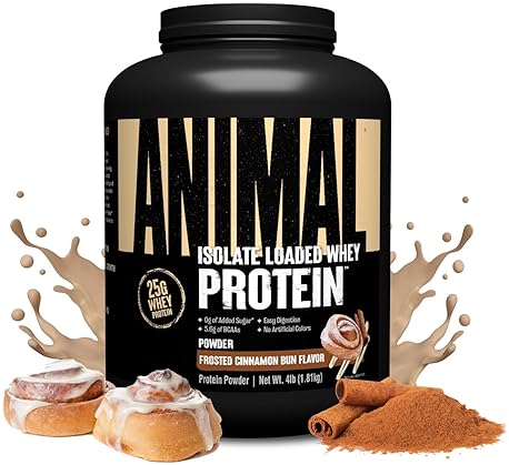 Universal Nutrition Frosted Cinnamon Bun Animal Whey Isolate Protein Powder - 25g Protein, Pre & Post Workout, Digestive Enzymes - Men & Women - 4 lbs