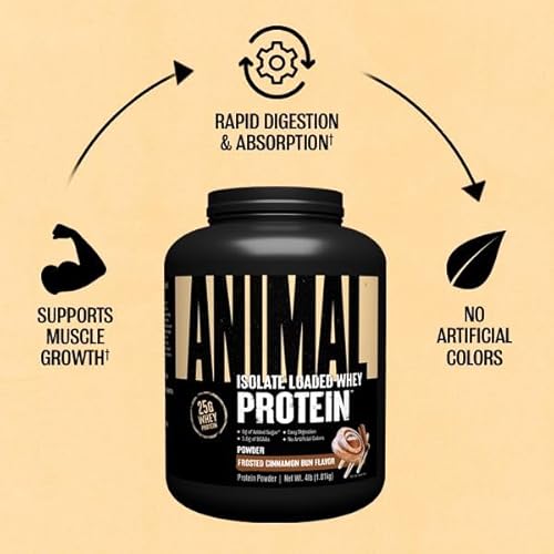 Universal Nutrition Frosted Cinnamon Bun Animal Whey Isolate Protein Powder - 25g Protein, Pre & Post Workout, Digestive Enzymes - Men & Women - 4 lbs